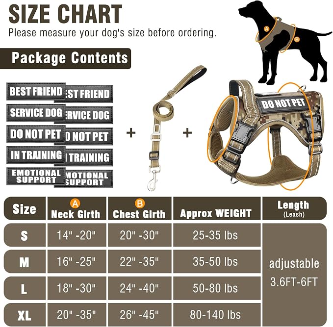 Tactical Dog Harness and Leash Set with 10 Patches for Large Dogs | Heavy Duty No Pull Service Animal Dog Vest with Dog Seat Belt ,Adjustable Reflective Easy Walk for Training Hiking Camo L