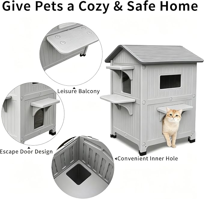 HiCaptain Outdoor Cat House 2 Story HDPE Weatherproof for Feral Cat, Grey | 21.5" D x 21" W x 34" H, Plastic Elevated Insulated Cat Shelter with Escape Door, Easy Clean & Assemble, Expansive Interior‌