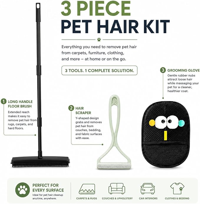 GOOGO Pet Hair Removal Kit with Carpet Rake, Black | black carpet rake and scraper kit, rake and scraper tool combination, for pet hair on carpet and fabric surfaces