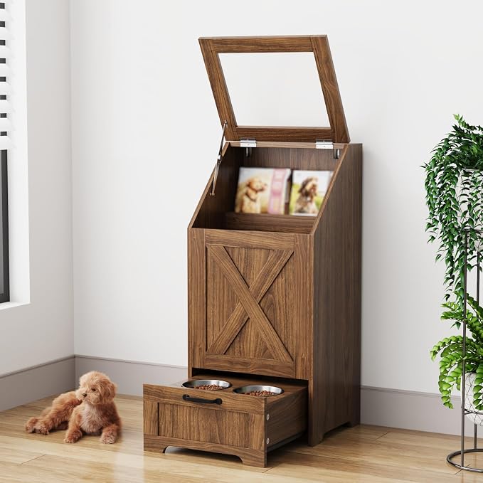 Dog Feeding Station with 2 Elevated Bowls, Dog Food Storage Cabinet with Pet Toy Organizer and Flip Top Pet Feeding Station,Hidden Pet Feeder Station for Cats and Dogs(Walnut)