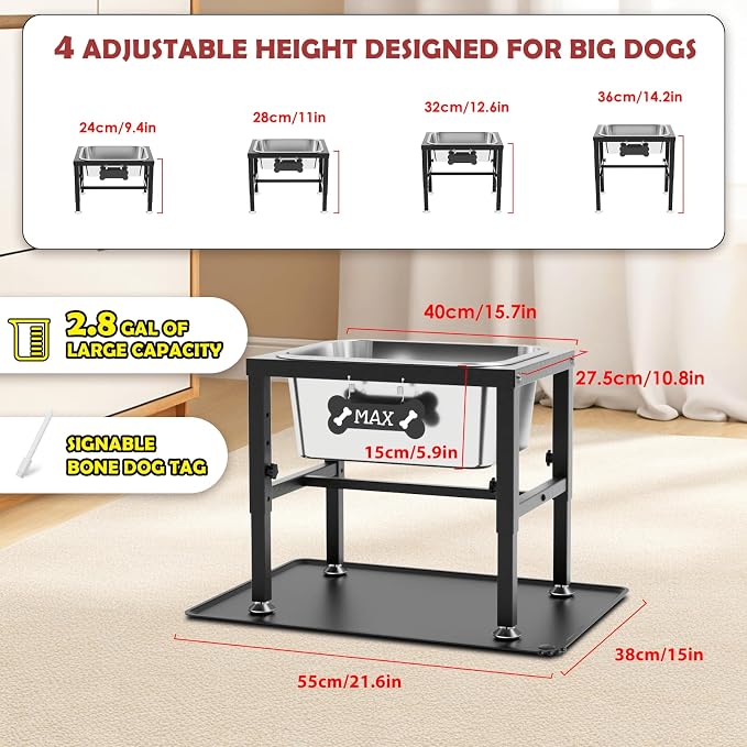 2.8 Gallon Elevated Large Dog Water Bowl with Spill-Proof Mat, 4-Height Adjustable (9.4–14.2'') Raised Dog Water Bowl Stand with Stainless Steel Bowls for Indoor/Outdoor Use
