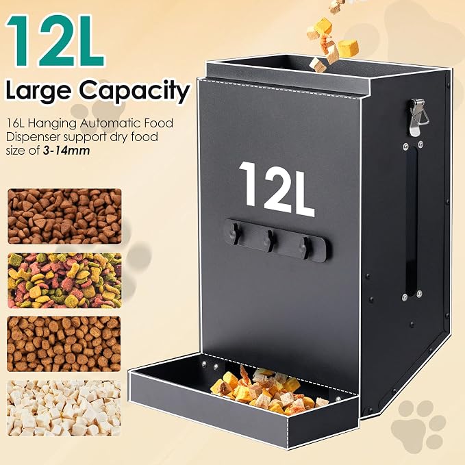 Hanging Cage Automatic Dog Feeder Large Breed,12L Dog Food Dispenser | Auto Dog Feeder with Large Feeding Mouth Kennel Kennel-Gravity Pet Cage Feeder Galvanized Steel for Dog Rabbit,Chicken,Pet
