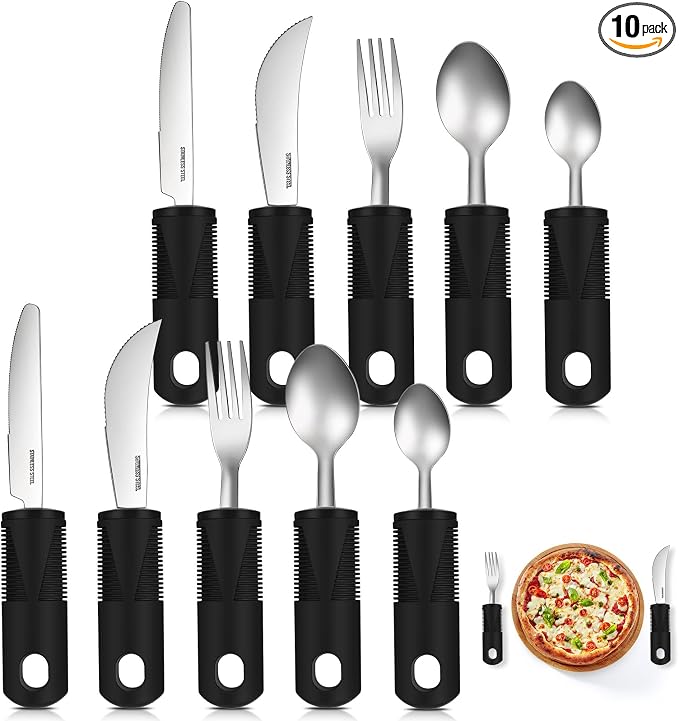 Uiifan 2 Set (10 Pcs) Adaptive Utensils for Hand Tremors, Elderly, Arthritis, Parkinsons Stainless Steel Easy Grip Handles Non Weighted Built up Utensils for Adults Hands Tremors Elderly, Black