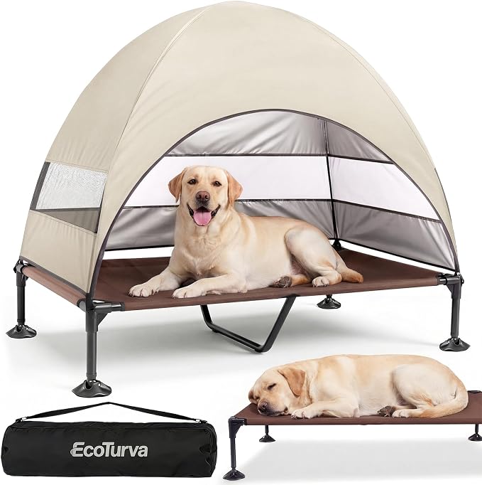 Elevated Dog Bed with Canopy - 3-Sided UV Protection Pet Tent with Wider Shade, Raised Cooling Outdoor Dog Cot with Breathable Mesh for Medium Large Dogs, Portable Bed for Camping, Patio (Khaki, XL)