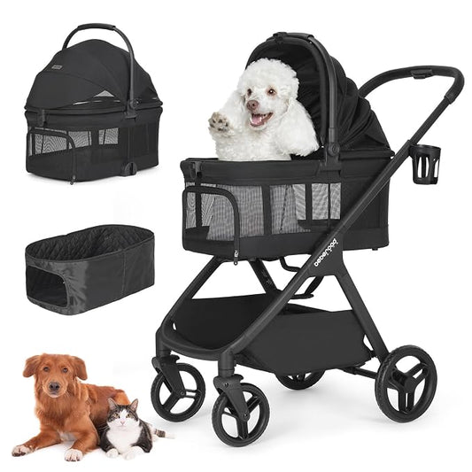 X-5 Pet Stroller for Medium Pets Up to 55 lbs, Net Black | Full View, Adjustable Handle, Detachable Carrier, Convertible Car Seat, One-Touch Fold, All-Terrain Wheels, 3-in-1 Design