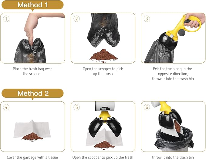 Gegong Pet Pooper Scooper for Dogs and Cats with Trash Bags Holder, Non-Breakable High Strength Material Poop Scooper for Easy Grass and Gravel Pick Up(Including a roll of Trash Bag) (Yellow)