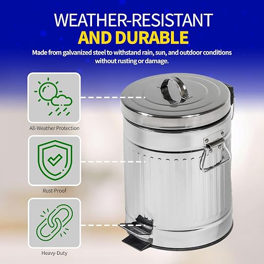 Pet Fit For Life Steel Trash Can with Lid, 16" Tall, 12L/3.2 Gallons | Steel Galvanized Bin with Step Foot Pedal, Plastic Inner Lining, Liner Bags, and Weather-Resistant Design for Yard Use
