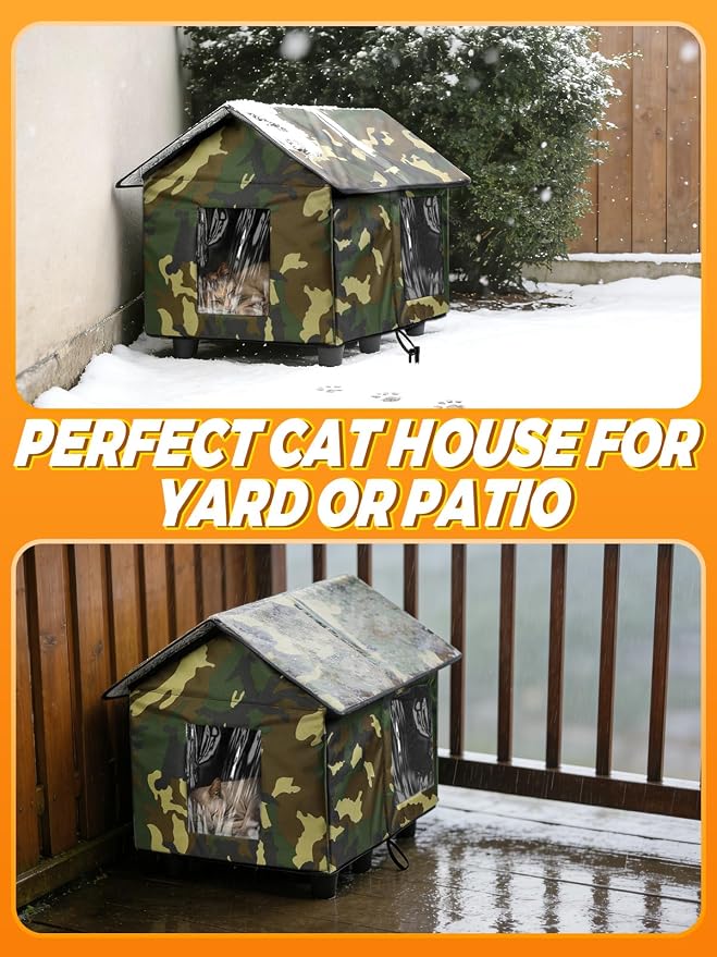 Elevated Insulated Outdoor Cat House Weatherproof - 20"x19"x17" Waterproof PVC Top & Aluminum Film Liner Camouflage Feral Cat Shelters for Keeping Cats Winter Warm, Green