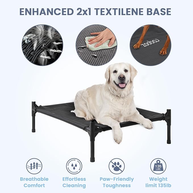 Zooba 36in Large Dog House Outdoor, Elevated Dog Bed with Canopy, Blue | Weather-resistant 600D PVC canopy, breathable 2x1 Textilene elevated bed, steel frame; indoor or outdoor; easy to clean