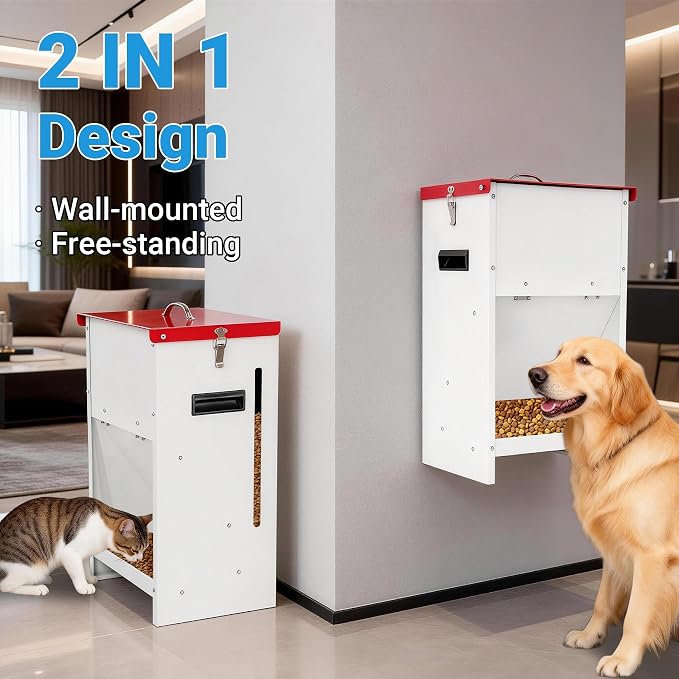 Automatic Dog Feeder - 50LBS Capacity Auto Gravity Dispenser | Powder Coated Dog Feeder, Waterproof for Indoor & Outdoor Use, 16.1"L x 12.2"W x 27.8"H, Red and White