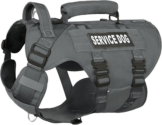 Service Dog Vest for Large Dogs, Grey Tactical Harness with Military MOLLE, Breathable Mesh & 39g Metal Buckle - Size XL for Training & Hiking