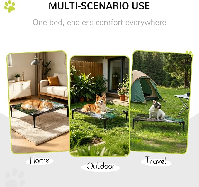 Outdoor Elevated Dog Bed for Medium Dogs, Nature Scenery Breathable Cooling Raised Dog Cot for Indoor/Outdoor, Forest Walkway Lake Trees Spring View Waterproof Elevated Pet Beds, M 24 x 20 in