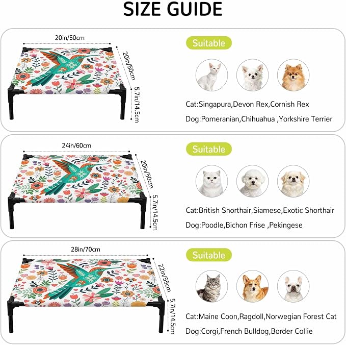 Outdoor Elevated Dog Bed for Medium Dogs, Birds Flowers Breathable Cooling Raised Dog Cot for Indoor/Outdoor, Cartoon Sunny Colorful Botanical Floral Waterproof Elevated Pet Beds, M 24 x 20 in