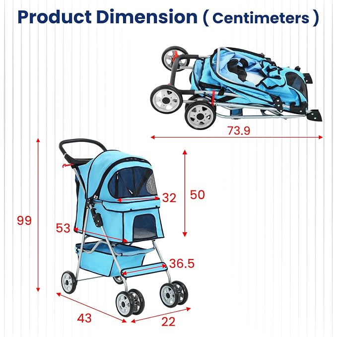 BestPet 4 Wheels Pet Stroller Cat Dog Cage Stroller Travel Folding Carrier 04T | Waterproof ,Storage Basket,Cup Holder & Removable Liner,Folding, Lightweight,Blue