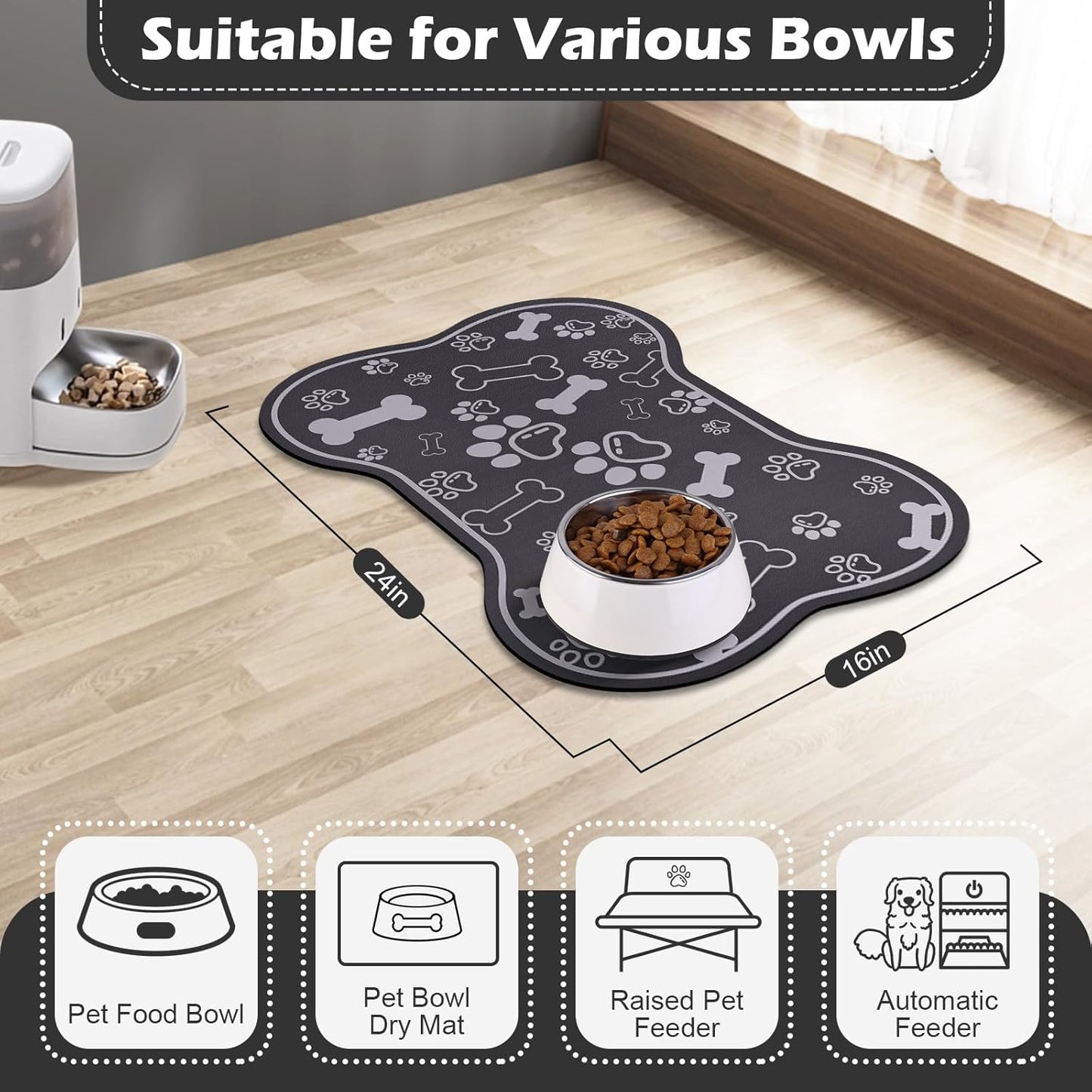 Dog Cat Food Mat,Rapid Absorbent Pet Feeding Mat, Bone Shaped Dog Placemat Water Bowl Mat with Rubber Backing,No Stains Dog Cat Food Mats Indoor, Pet Accessories Supplies 16"×24" Dark Grey