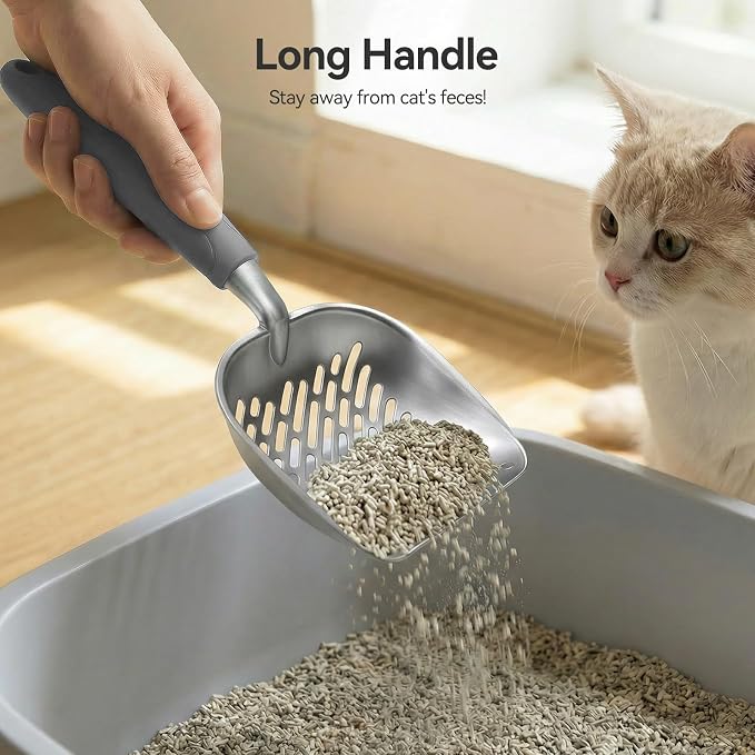 Cat Litter Scoop, Large Long Handle Kitty Metal Scooper | Heavy Duty Aluminum Deep Sifter, Ergonomic Non-Slip Grip, Rustproof Durable Poop Cleaner for Cat Litter Box