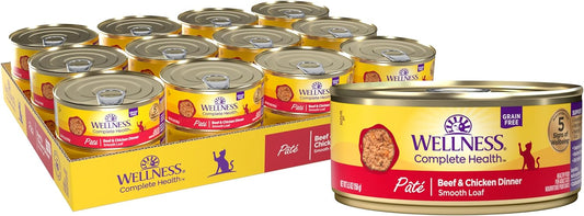 Wellness Complete Health Pate Adult Wet Cat Food, Natural, Protein-Rich, Grain Free, 5.5 Ounce, 24 Pack, (Beef & Chicken)