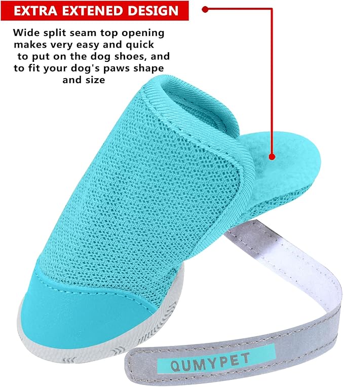 QUMY 4PCS Dog Shoes for Small Dogs, Hot Pavement Summer Puppy Dog Boots & Paw Protectors with Soft Anti-Slip Rubber Sole, Mesh Breathable Dog Booties for Hardfloors, Walking Running Blue Size 5