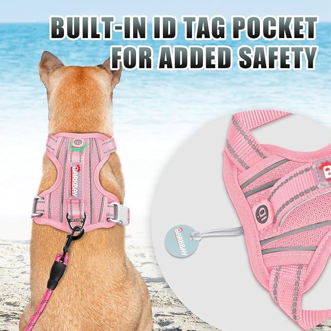 BARKBAY No Pull Dog Harness Large Reflective Dog Harness with Front Clip and Easy Control Handle for Walking Training Running with ID tag Pocket(Baby Pink,L)