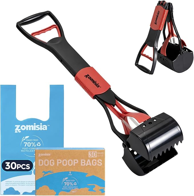 ZOMISIA 26" Pooper Scooper with Waste Bags - Poop Scooper for Large Dogs with Long Handle High Strength Material and Durable Spring for Yard, 30 Count Poop Bags