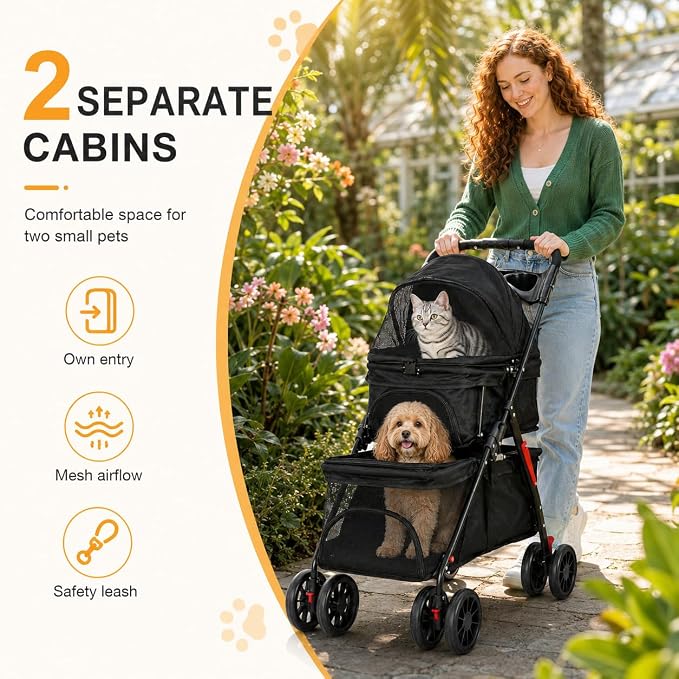 Double Pet Stroller for 2 Cats & Dogs, 2-in-1 Cat & Dog Stroller, Lightweight Foldable Travel Cart with Cup Holder & Brake Cat Strollers for 2 Cats, Dog Strollers for 2 Small Dogs