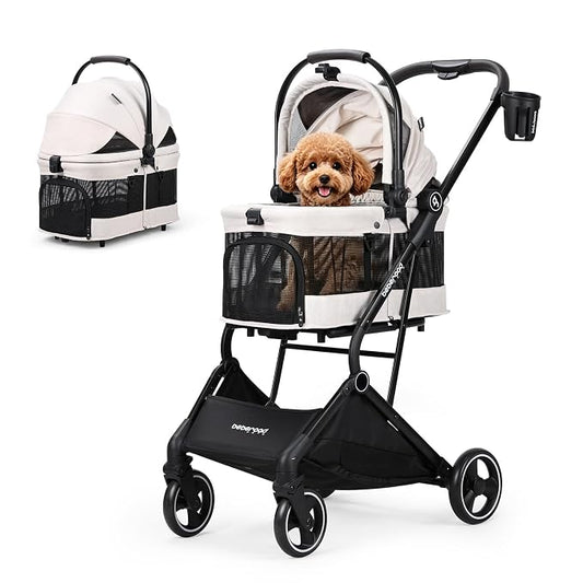 T3 Small Dog Stroller (Beige) | Detachable Carrier, Easy Assembly, Aluminum Alloy Frame, Larger Rear Wheels, Breathable Fabric, One-Touch Braking