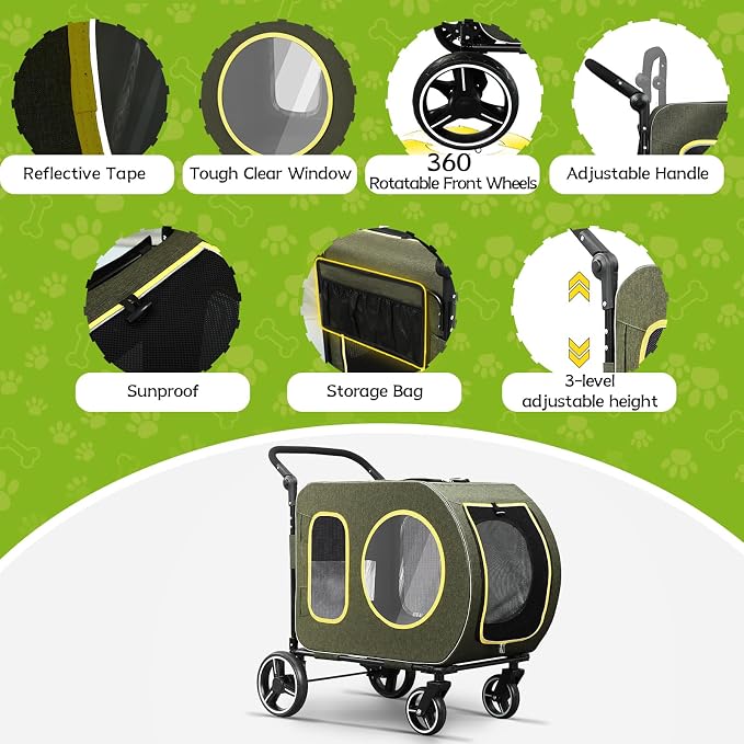 2025 Upgraded Dog Stroller for Large & Medium Dogs，Pet Stroller for 2 Small Dogs, Foldable Jogger Wagon with Detachable Carrier for Car Seat, Adjustable Handle, Up to 90 lbs, Green