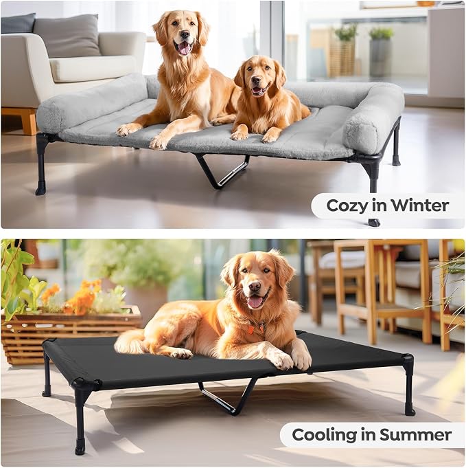 Veehoo Elevated Dog Beds Large Sized Dog with Fluffy Plush Bolster Cushion | Orthopedic Raised Dog Beds for Indoor Outdoor, Soft Pet Sofa Cot with Removable Washable Mat, No-Slip Feet, 49" x 33", Grey