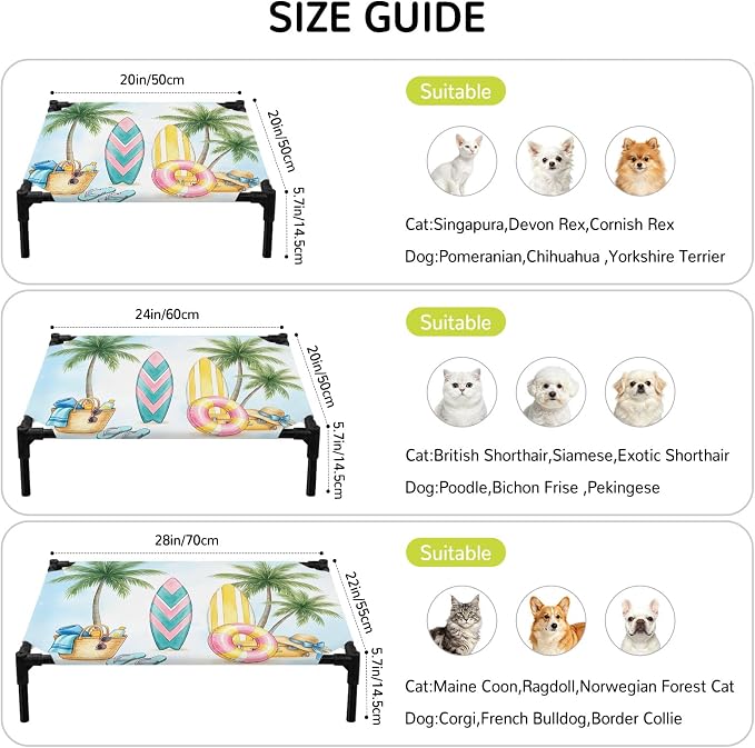 Outdoor Elevated Dog Bed for Medium Dogs, Summer Beach Surfboard Breathable Cooling Raised Dog Cot for Indoor/Outdoor, Tropical Palm Tree Swimming Ring Waterproof Elevated Pet Beds, M 24 x 20 in