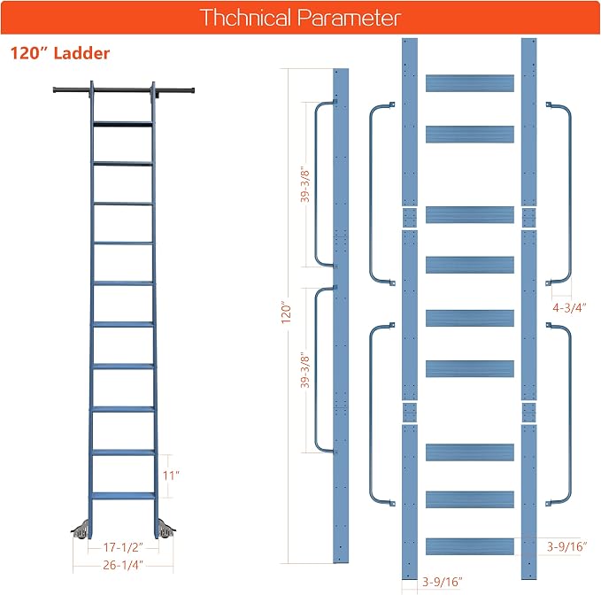 DIYHD 120" Rolling Library Ladder with Handrail, 4FT Sliding Rail, Blue | 10-Step lightweight ladder with space-saving upright storage, Telescopic top hooks, Locking bottom rollers, 300lbs capacity