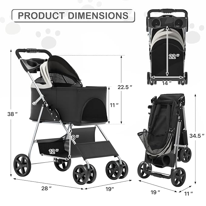 MoNiBloom 3 in 1 Foldable Pet Stroller for Small & Medium Dogs, Detachable Carrier, Car Seat, Push Button Entry, 4-Wheel Jogger for Pets up to 33 lbs, Black