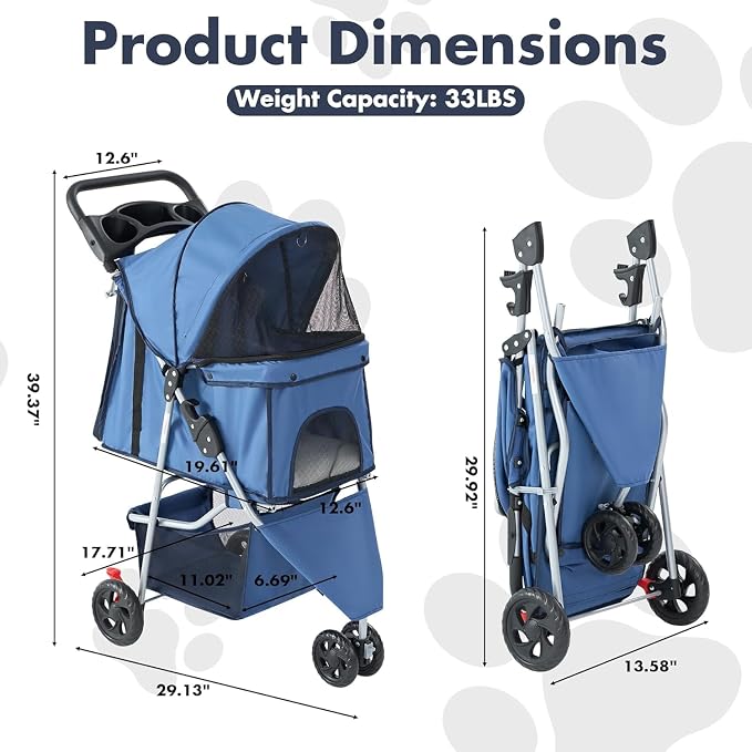 3 Wheels Pet Stroller,Storage Basket and Cup Holder, Breathable Mesh, Waterproof and Foldable for Small/Medium Dogs and Cats Strollers, Lightweight Travel Carrier for Daily Walks & Outdoor，Blue
