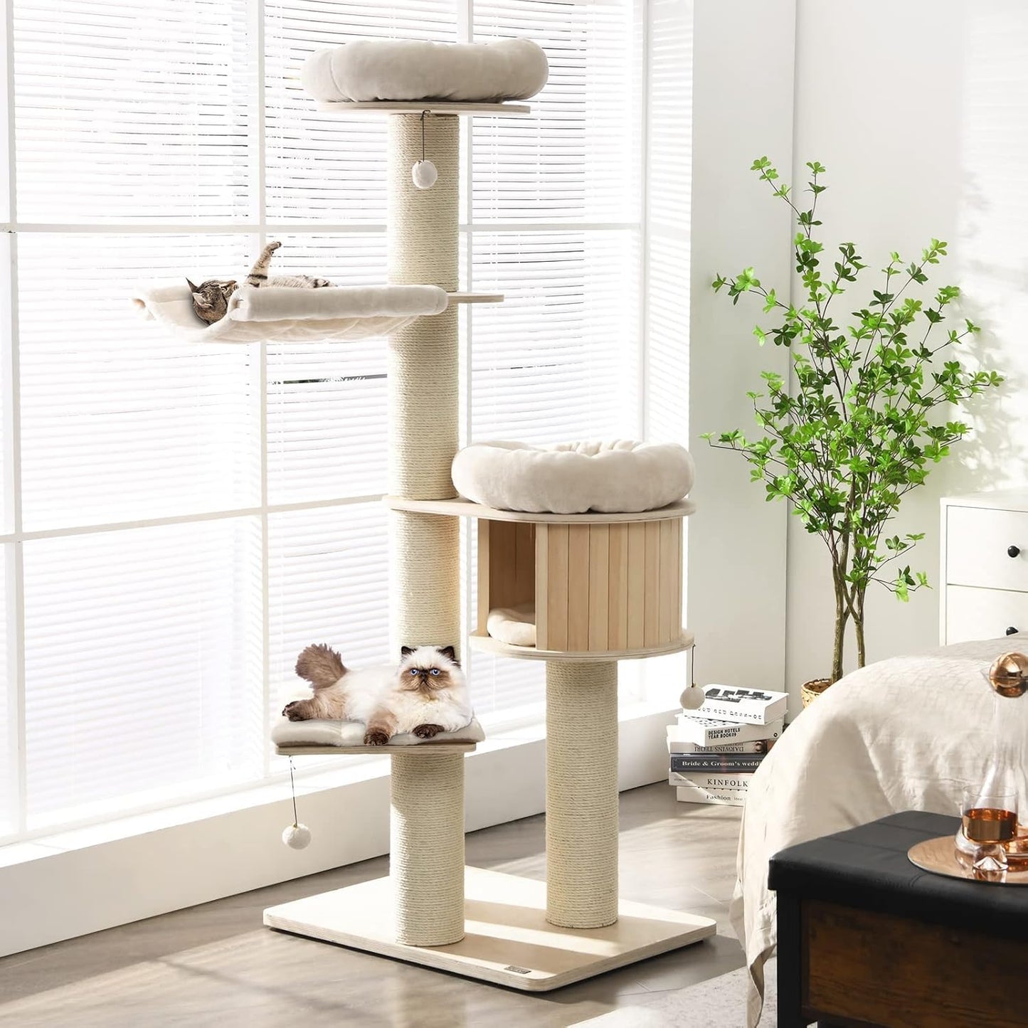 Tangkula Modern Cat Tree, Multi-Level Large Cat Tower with Condo, Hammocks & Hanging Basket, Tall Cat Tree with Sisal Posts, Washable Cushions, Wood Cat Trees and Towers for Indoor Large Cats