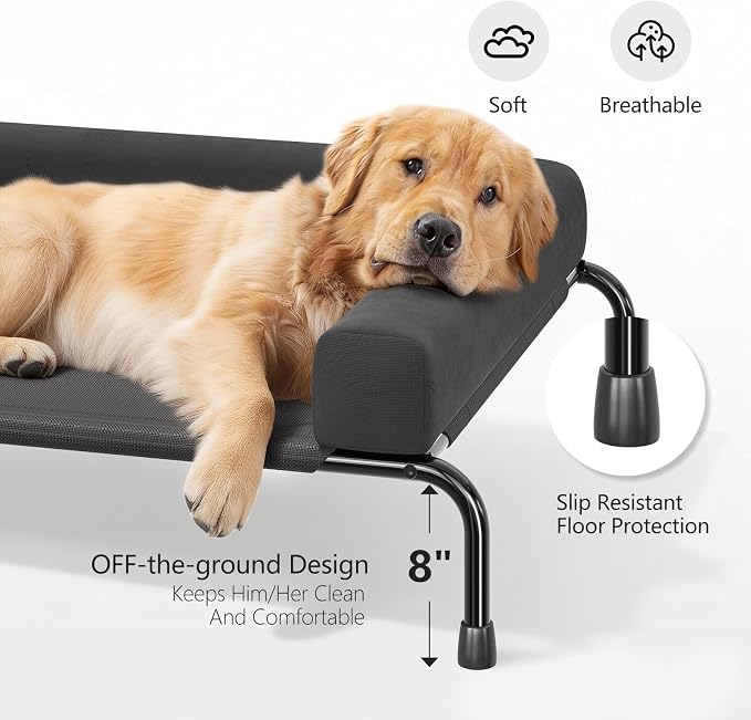 Ekisemio Elevated Dog Bed for Large Dogs, Cooling Raised Pet Cot with Breathable Mesh and Bolsters, Removable & Waterproof Outdoor Indoor Dog Bed, 47.75" x 31", Black
