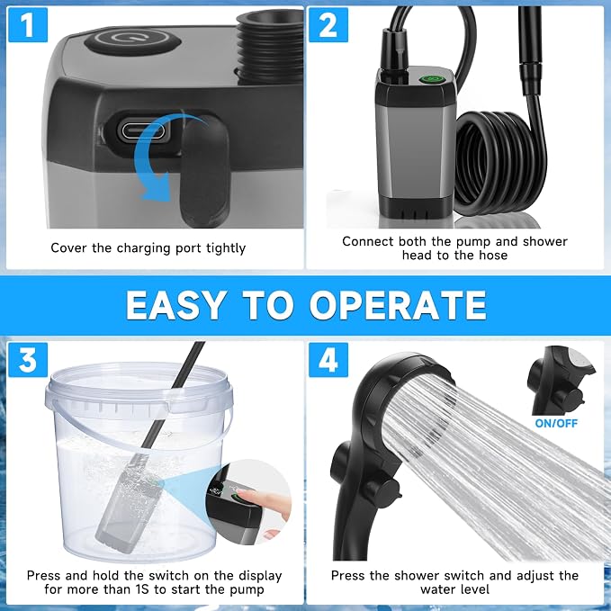 vignuto Portable Shower for Camping, Rechargeable Camping Shower Pump with LED Display of Battery Level and Temperature