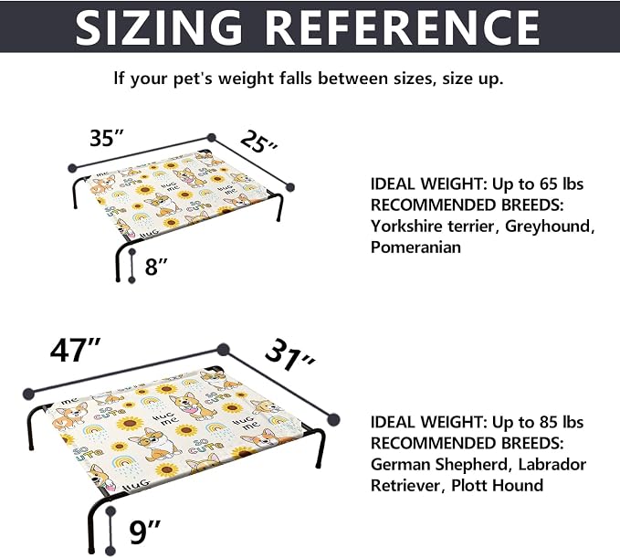 Kawaii Corgi Sunflower Orthopedic Elevated Dog Pet Bed(47"X31"X9"),with Metal Frame,Printing Breathable Waterproof Dog Kennel,Sleeping Bed for Small Medium Large Dogs Cats,for Home,Outdoor Use