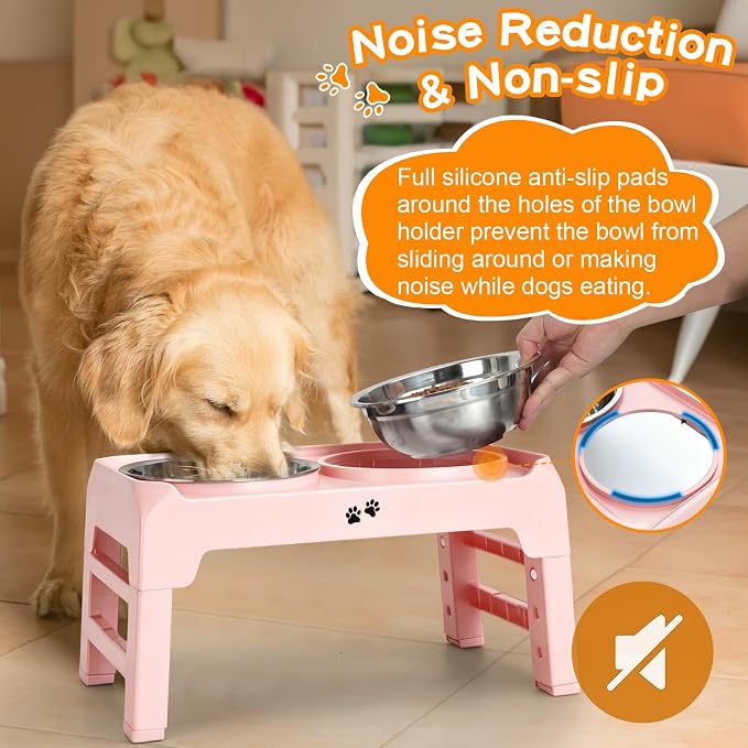 COMESOON Elevated Dog Bowls, 4 Height Adjustable Raised Bowl Stand with 2 Thick 50oz Stainless Steel Food Bowls Non-Slip Feeder Adjusts to 3.7'', 9.2'', 10.75'', 12.36'' Pink