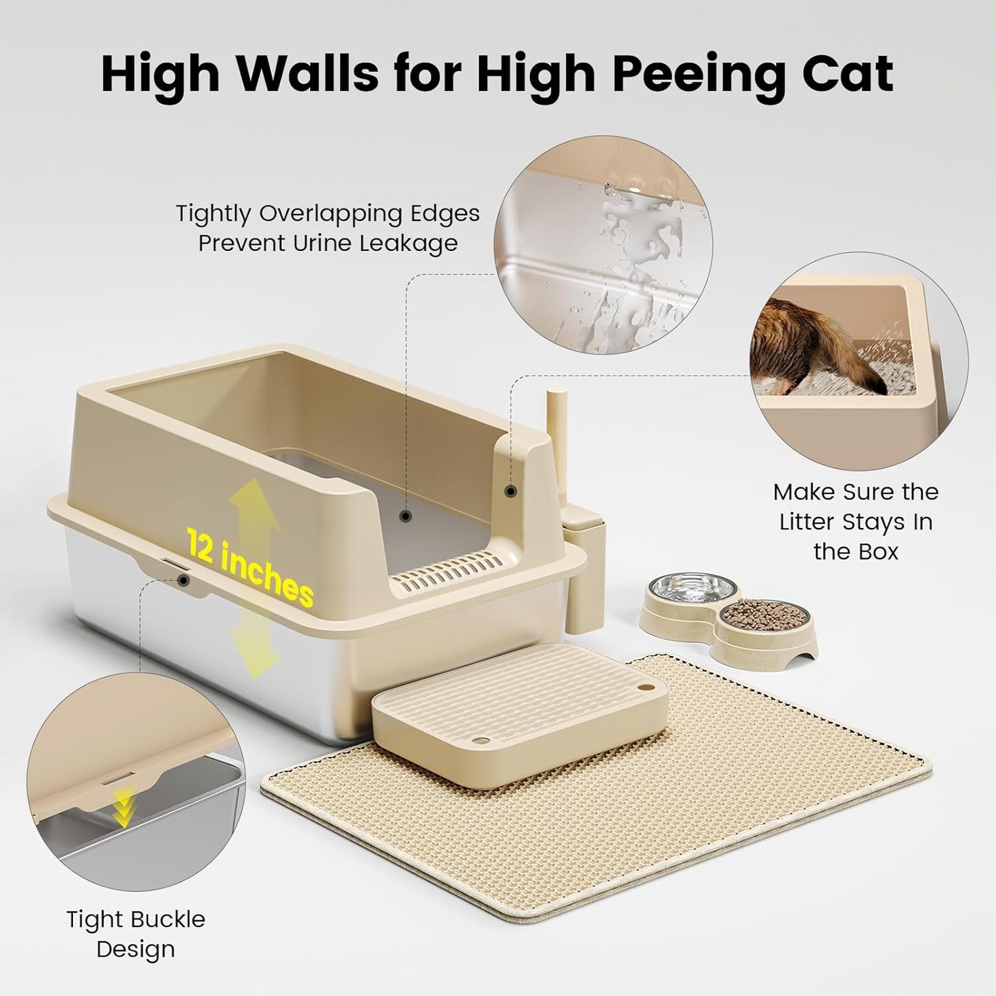 Stainless Steel Cat Litter Box - Enclosed XL Metal Kitty Litter Box with Lid for Big Cats, High Sided, Anti-Leakage, Easy Cleaning, Non-Sticky, Included Spoon & Aisle (Khaki)