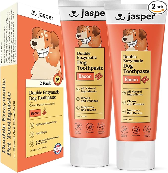 Jasper Dog Toothpaste Double Enzymatic Pack of 2 - Plaque Remover for Teeth, Whitens Teeth, Imporves Bad Breath Natural Pet Toothpaste, Bacon Flavor 3.5oz