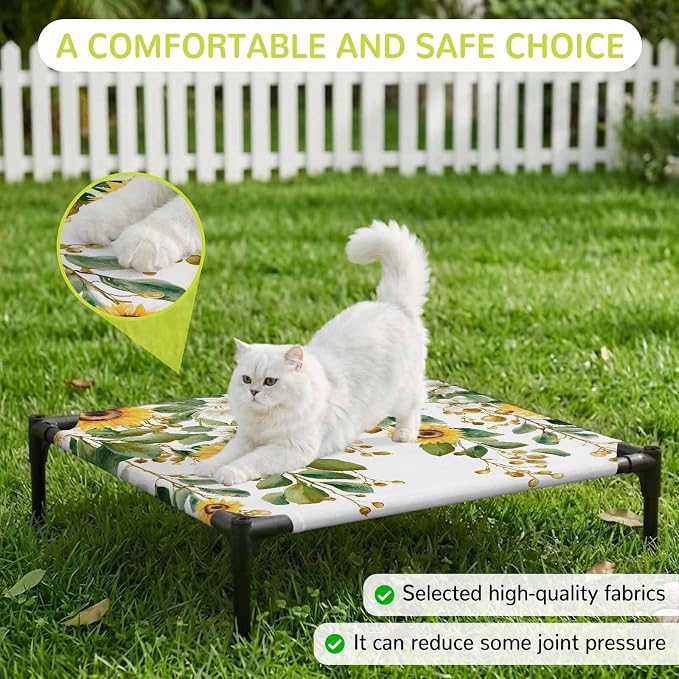 Outdoor Elevated Dog Bed for Small Dogs, Hanging Floral Breathable Cooling Raised Dog Cot for Indoor/Outdoor, Spring Botanical Sunflower Green Leaves Waterproof Elevated Pet Beds, S 20 x 20 in