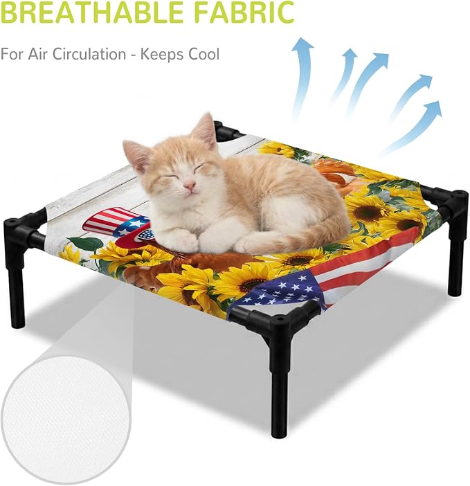 Outdoor Elevated Dog Bed for Small Dogs, Sunflower Independence Day Breathable Cooling Raised Dog Cot for Indoor/Outdoor, 4th of July Rooster Wooden Waterproof Elevated Pet Beds, S 20 x 20 in