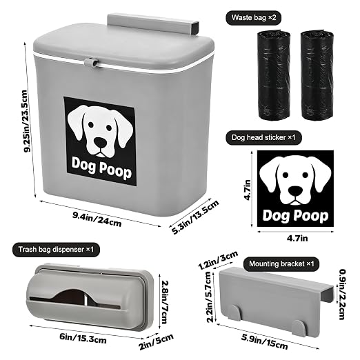 Rainmae Dog Poop Trash Can Outside, Dog Poop Trash Can, 2 Gallon Hanging Dog Poop Bin with Lid and Trash Bag Dispenser, Plastic Garbage Container for Fence, Counter Top, Yard and Outdoor Activities