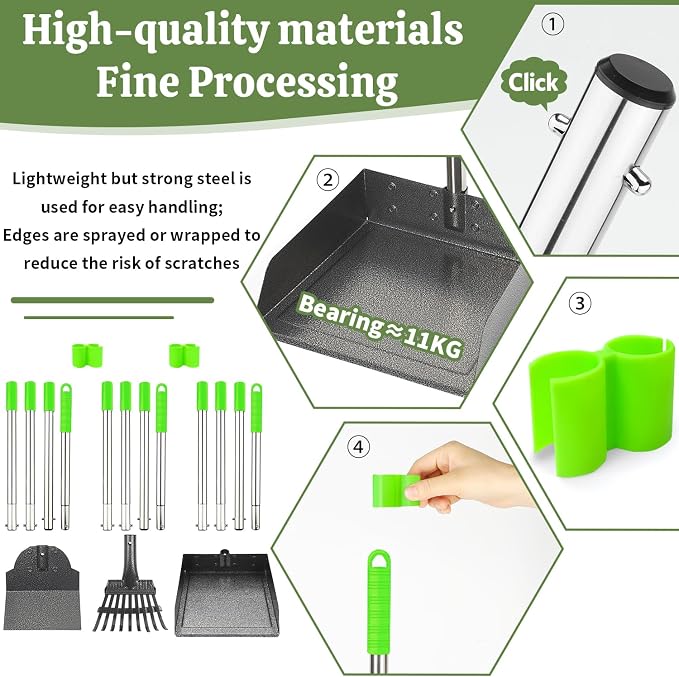 T2Y Pooper Scooper Extra Long Handle, Rake+Tray+Spade Set | 48" Tall No-Bend | 9.4'' Large Tray | Stainless Steel | Adjustable | Works on Grass, Gravel & Dirt | Easy to Install