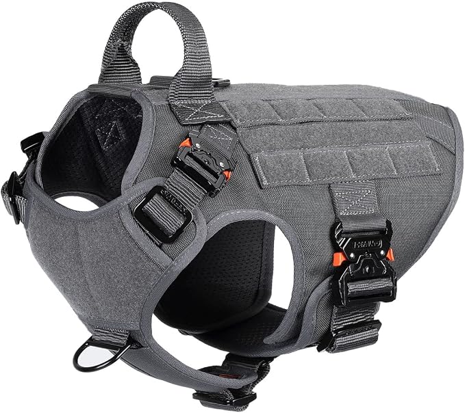ICEFANG Tactical Dog Harness for Medium Dogs,Full Metal Buckles Dog Vest | with MOLLE, Reflective,Adjustable,2 Leash Clips,Control Handle,No Pull,Soft Padded,Grey,Medium