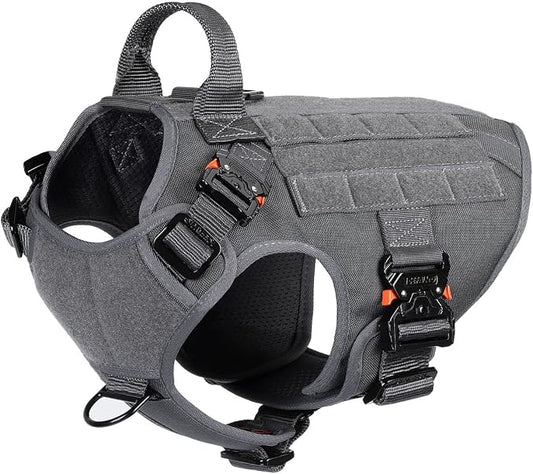 ICEFANG Tactical Dog Harness for Medium Dogs,Full Metal Buckles Dog Vest | with MOLLE, Reflective,Adjustable,2 Leash Clips,Control Handle,No Pull,Soft Padded,Grey,Medium