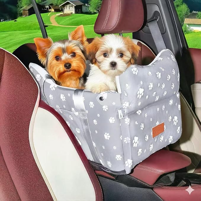 Dog Car Seat for SUV Truck Center Console Dog Seat | Memory Foam Pet Booster Seat for Medium Dogs Up to 21 lbs & Storage Pockets - Washable Cover (Large Grey)