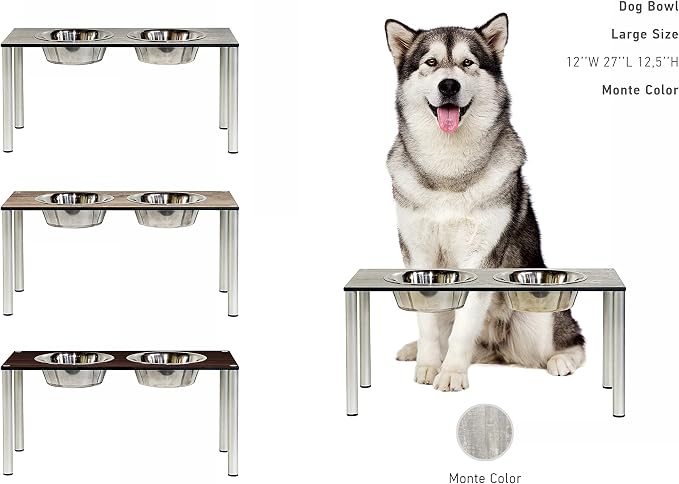 Raised Pet Bowls for Cats and Dogs, Outdoor Elevated Dog Cat Food and Water Bowls Stand Feeder on Aluminum Legs with 2 Stainless Steel Bowls Sizes for Small Medium and Large Dogs. - Large (Monte)