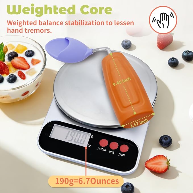 Anti-Tremor Spill Shield Spoon for Hand Tremors Parkinsons, Weighted Adaptive Utensils with Large Enclosed Scoop, Ergonomic Non-Slip Handle, Dishwasher Safe (Brown, Right Spoon)