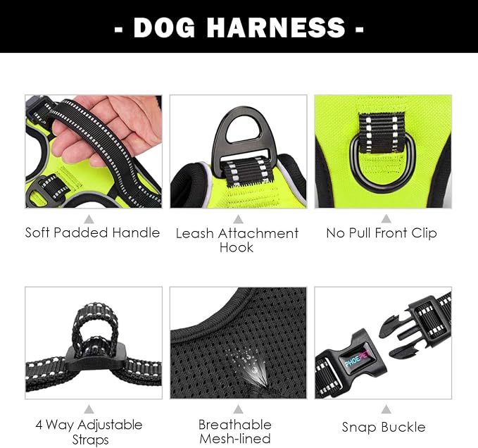 Reflective Dog Harness Large Breed Adjustable No Pull Vest | with Handle 2 Metal Rings 3 Buckles [Easy to Put on & Take off](L, Green)