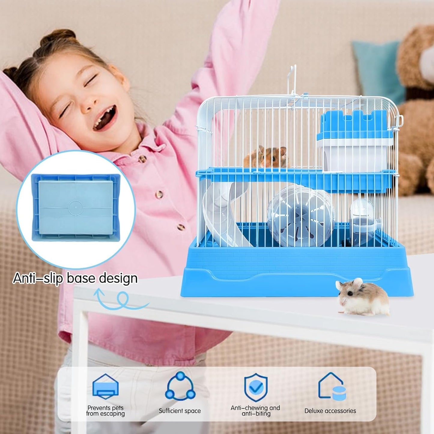 PINVNBY 2-Tier Dwarf Hamster Cage, Travel Portable Mouse Cage Gerbil Cages and Habitats Small Animal Carrier with Castle House Running Exercise Wheels, Water Bottle and Food Dish(Gray)